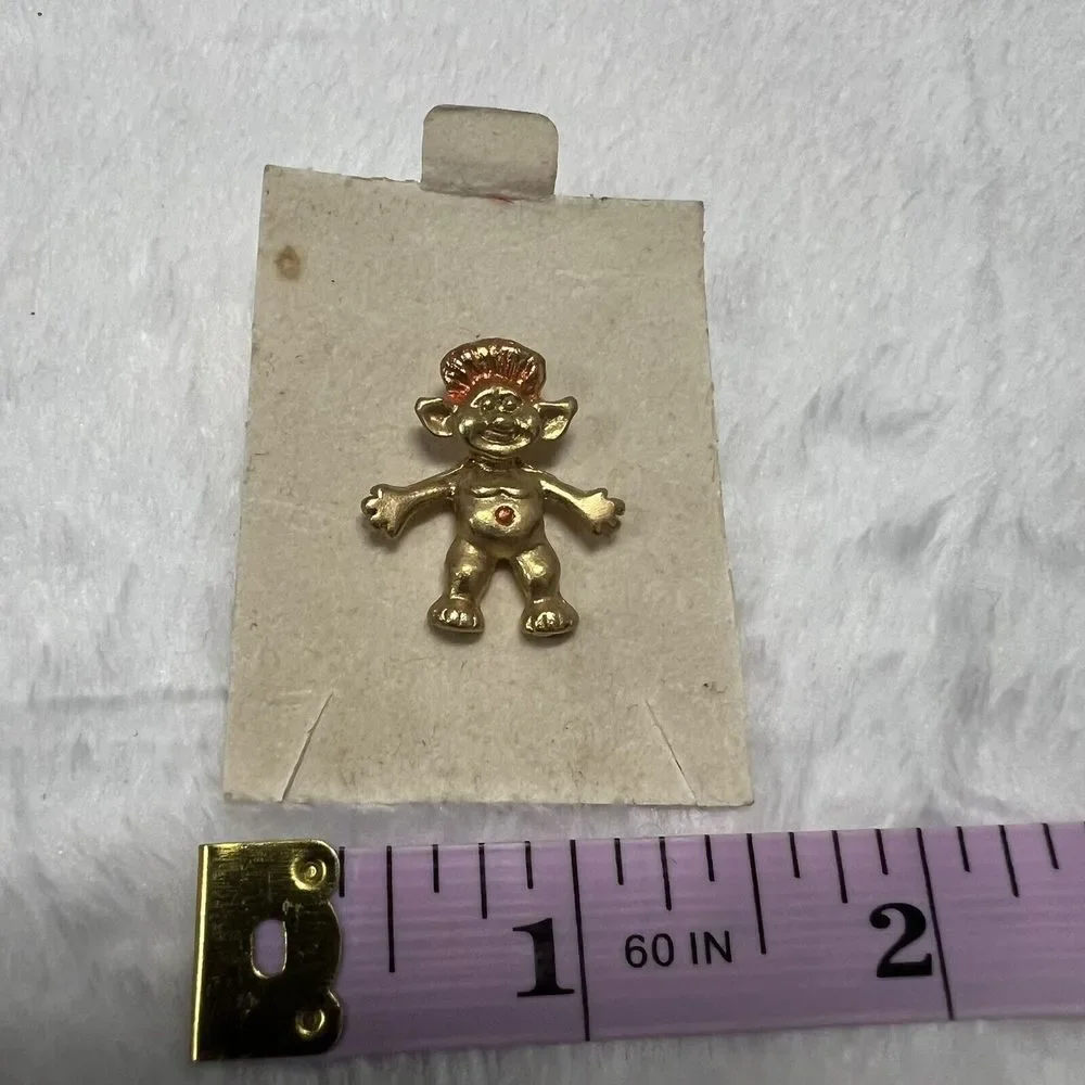 Vintage Troll Doll Toy Mystic Creature Small Gold Tone Red Enamel Lapel‎ Pin Tie
